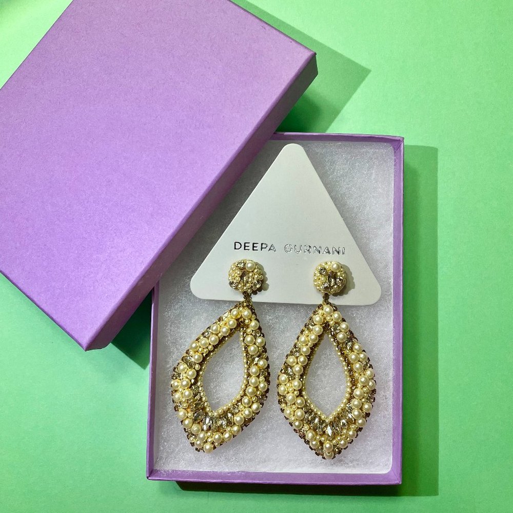 Deepa Gurnani Pearl & Rhinestone Statement Chandelier Earrings Ivory NWT - Picture 8 of 14